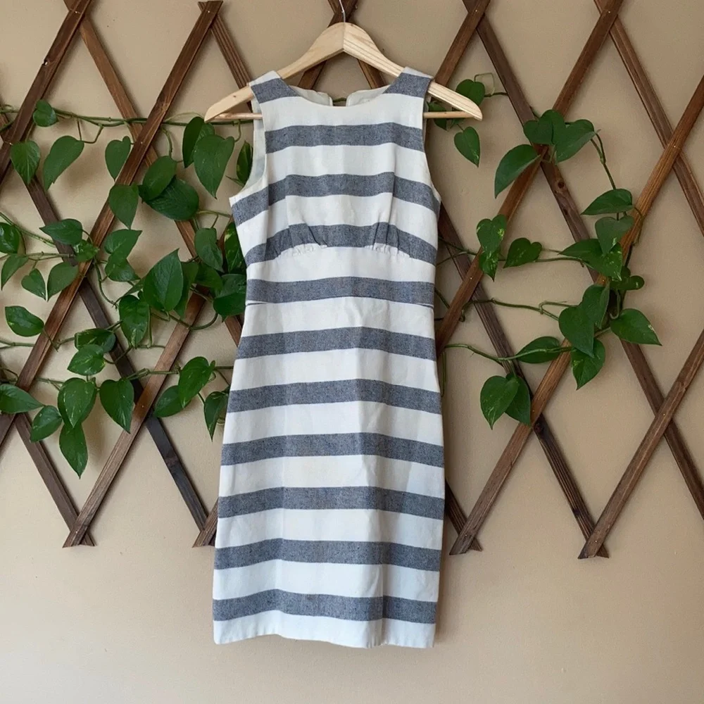 J. Crew White and Gray Striped Sleeveless Sheath Dress